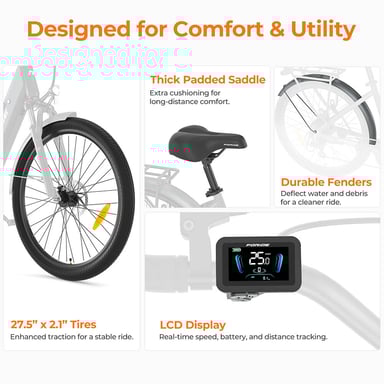 Vélo de Ville Électrique Foride Roamer 1 ST, Moteur 250W, Batterie 36V 13Ah, Pneus 27.5'' X 2.1'', 25 km/h, Autonomie 100 km - Vert