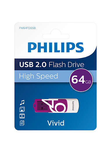 Philips FM64FD05B lecteur USB flash 64 Go USB Type-A 2.0 Violet, Blanc - Neuf