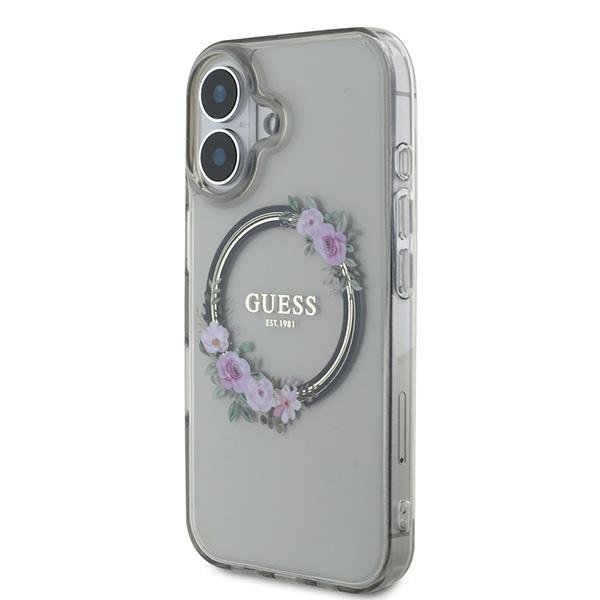 Étui Guess pour iPhone 16 6.1  noir étui rigide IML Flowers Wreath MagSafe - Neuf