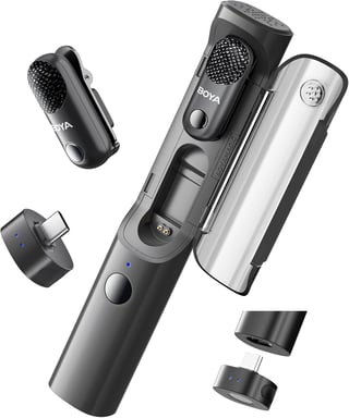 Microfono wireless BOYA Magic-05 4-in-1, riduzione rumore IA 24 bit, portata 100 m, kit completo con 2 trasmettitori e custodia di ricarica