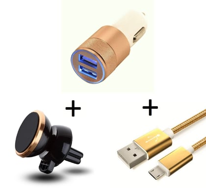 Pack Voiture pour Smartphone (Cable Chargeur Metal Micro USB + Double Adaptateur Allume Cigare + Support Magnetique)