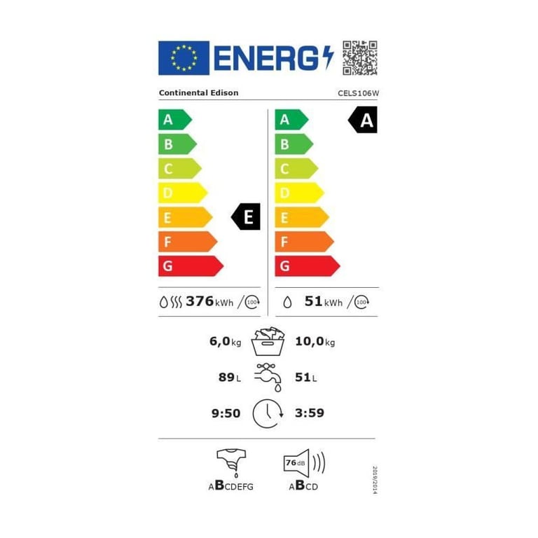 Lave linge séchant CONTINENTAL EDISON CELS106W 10kg / 6kg Moteur induction directe 60 cm 1200 trsmin - vue 3