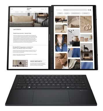 ASUS Zenbook Duo UX8406CA-PZ068X Intel Core Ultra 9 285H Hybride (2-en-1) 35,6 cm (14'') Écran tactile 3K 32 Go LPDDR5x-SDRAM 2 To SSD Wi-Fi 7 (802.11be) Windows 11 Pro Allemand Gris