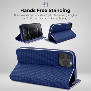 Moozy Étui Portefeuille pour iPhone 12 Pro Max, Bleu Foncé Carbone - Protection des Bords Métalliques Fermeture Magnétique Flip Cover avec Porte-Carte