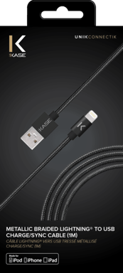 Câble Lightning vers USB tressé métallisé certifié MFi Apple Charge/Sync (1M), Noir