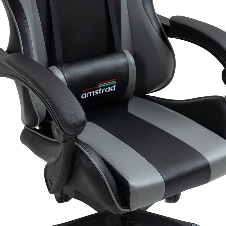 Amstrad AMS-800-BLACK Fauteuil / Chaise de bureau Gamer coloris noir & gris- coussin lombaire & appuie tête