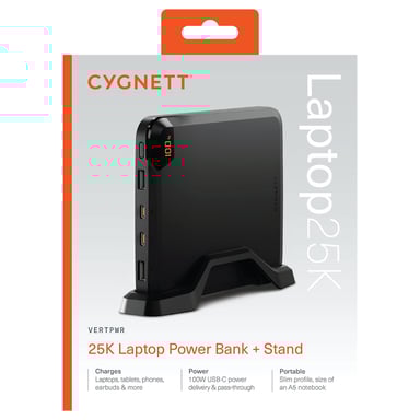 CYGNETT Powerbank vertical GreenPWR Series 4 puertos 25 000mAh 100W con soporte Negro