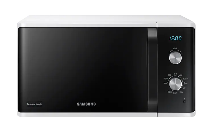 SAMSUNG MG23K3614AW - Micro-ondes Gril - 6 Niveaux de Puissance - Cavité Céramique Émail - Commandes Électromécaniques LED Bleues - 800W - Plateau 28,8 cm - Minuterie 60 min - Horloge 12/24h - Neuf