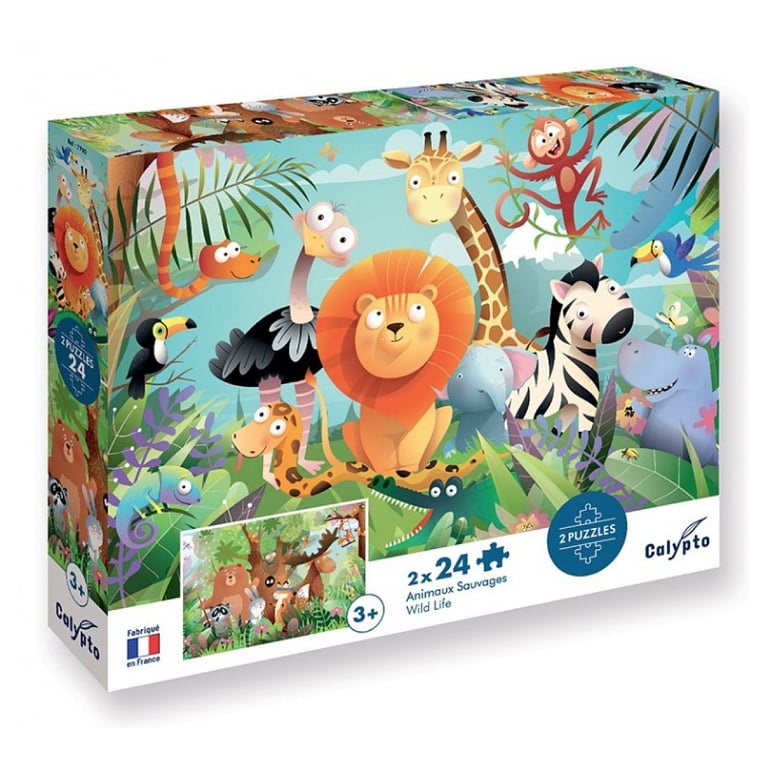 Puzzle Éducatif 2 x 24 Pièces Animaux Sauvages pour Enfants - Neuf
