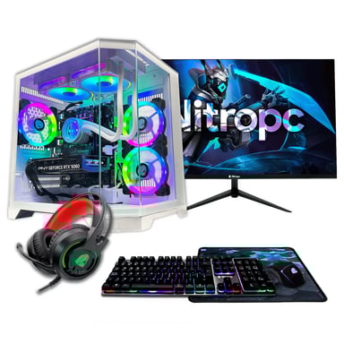 PC Gaming completo Nitropc Pack Gold Plus - Intel i5-14400F, RX 6600 8GB, RAM 16GB, M.2 1TB, Windows 11, WiFi, Blanco - Monitor 24'' FullHD + accesorios