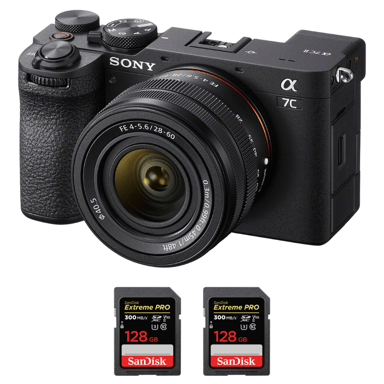 Appareil photo hybride Sony A7C II Noir + FE 28-60mm f/4-5.6 + 2 SanDisk 128GB Extreme PRO UHS-II + Ebook  20 astuces pour des images qui claquent  - Neuf