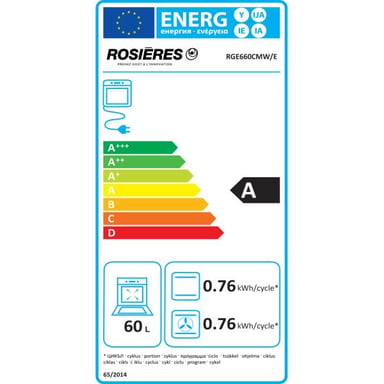 Cuisinière mixte Rosières RGE660CMW/E Four électrique 60L 4 foyers (3 gaz+1 électrique) Catalyse Minuteur Blanc