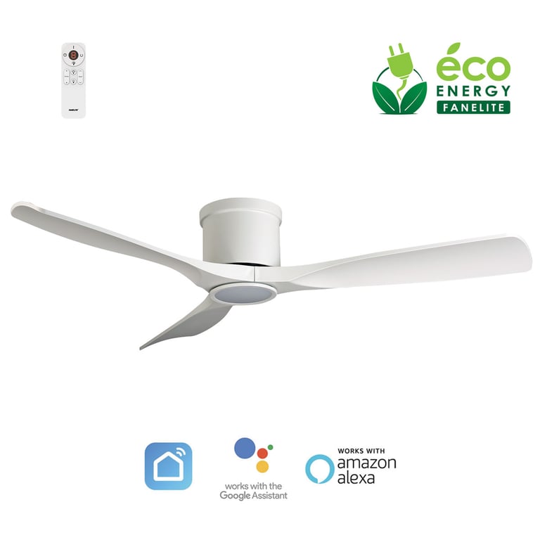 Fanelite Ventilateur de plafond 132 cm blanc ARATUA - Moteur DC 35W - Extra plat - Lumière LED 20W dimmable 3 couleurs - Wifi