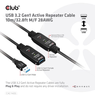 CLUB3D CAC-1405 cable USB USB 3.2 Gen 2 (3.1 Gen 2) 10 m USB A Negro