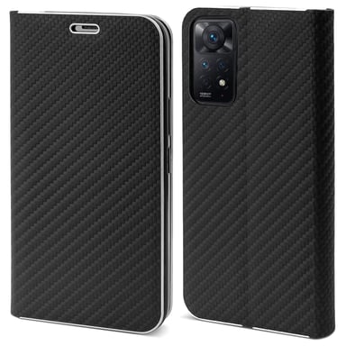 Moozy Étui Portefeuille pour Xiaomi Redmi Note 11 Pro 5G et 4G, Noir Carbone - Étui à Rabat avec Bordure Métallique Fermeture Magnétique Flip Cover avec Porte-Cartes et Fonction Béquille