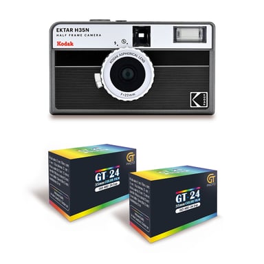 KODAK EKTAR H35N - Caméra Film Demi-Format 35mm Réutilisable, Sans Mise au Point, Légère, Facile à Utiliser - Noir Rayé + 2 Pellicules 35mm Couleur  24 Expositions
