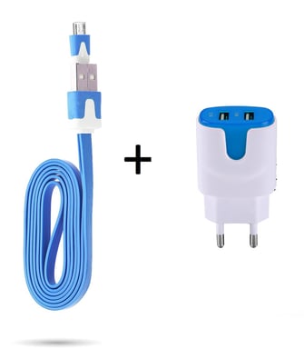 Pack Chargeur pour Smartphone Micro USB (Cable Noodle 1m Chargeur + Double Prise Secteur Couleur USB) Android Connecteur