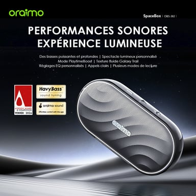 oraimo SpaceBox – Altavoz Bluetooth 5.4, 8W, autonomía 30h, luces LED personalizables, modos Bluetooth y tarjeta MicroSD