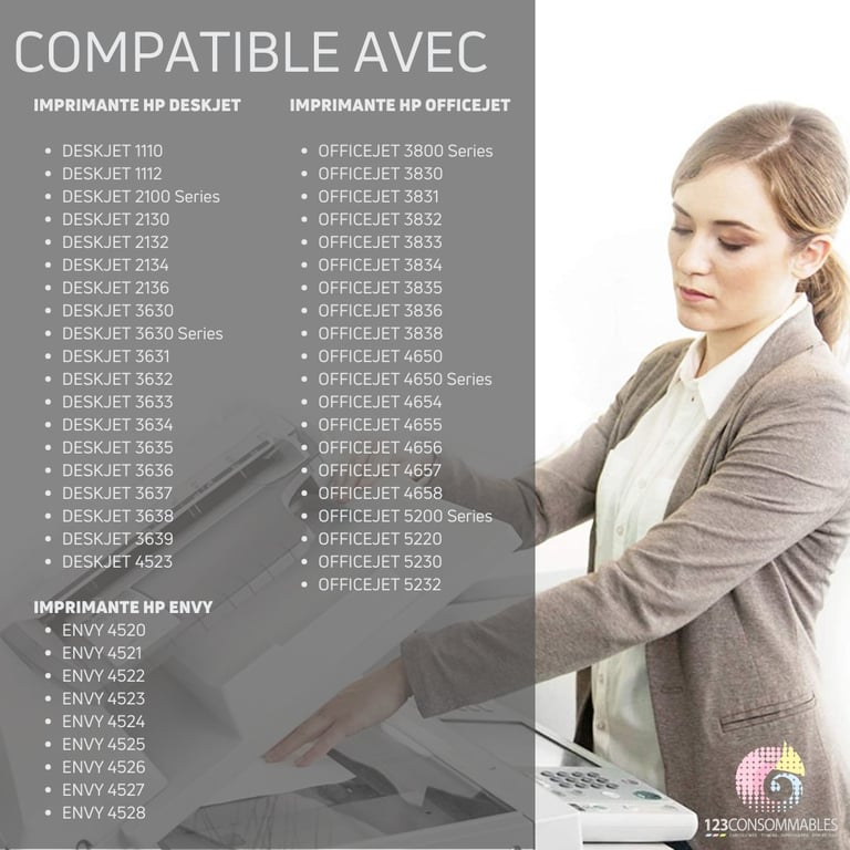 123CONSOMMABLES 302XL Pack de 2 cartouches d'encre Compatible avec HP 302 et Couleur sans Niveau Grande Capacité pour DeskJet 3639 3630 3632 Envy 4520 4525 4527 OfficeJet 3831 3833 3830 Neuf - vue 3