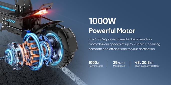 Trottinette Électrique U1 | Moteur 500W*2 | Batterie 48V 15.6Ah | Pneus 10 Pouces | Vitesse Max 25 km/h | Autonomie 60 km | Bleu