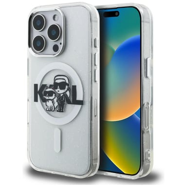 Cover Karl Lagerfeld IML Glitter Karl & Choupette Sketch Logo MagSafe per iPhone 16 Pro, trasparente