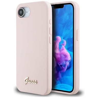 Étui Guess Silicone Script Metal Logo MagSafe pour iPhone 16e rose