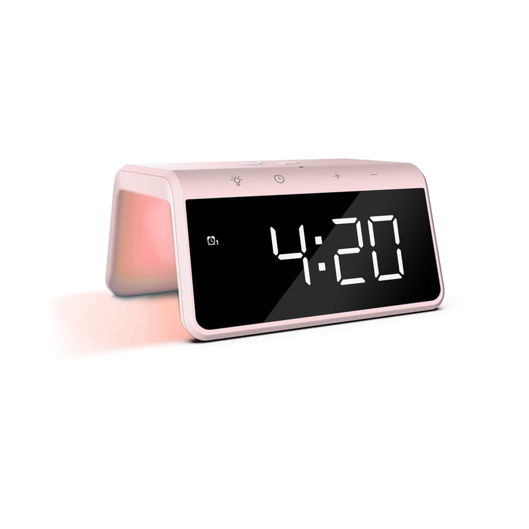 Despertador digital Caliber - Reloj despertador con carga inalámbrica - Reloj digital - Luminosidad regulable - Dos alarmas - Apto como despertador infantil - Luz nocturna de 8 colores - Rosa (HCG019QI-PI)