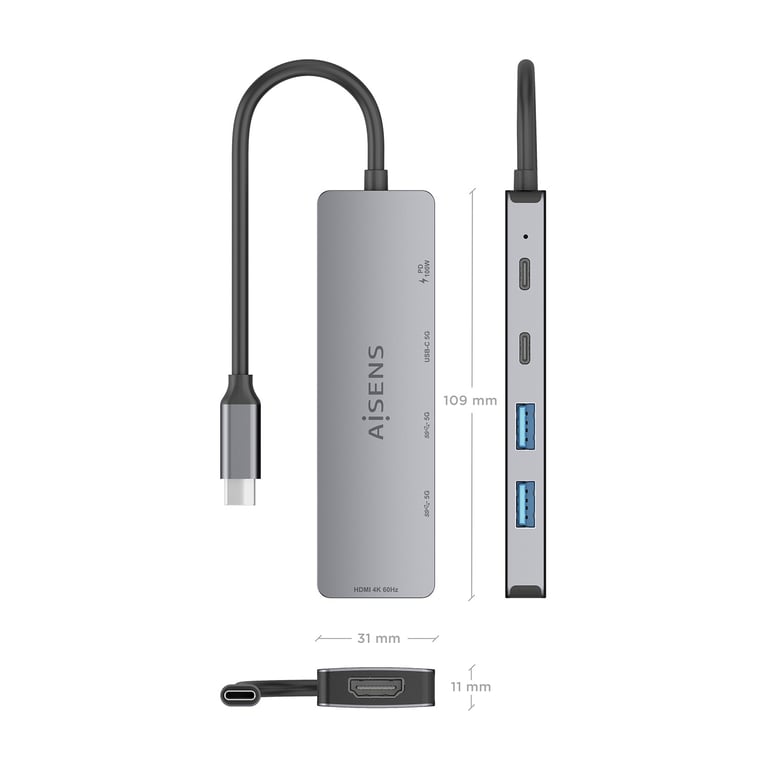 AISENS ASUC 5P028 GR station d'accueil Avec fil USB 3.2 Gen 1 3.1 Gen 1 Type C Neuf - vue 3