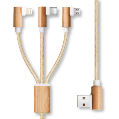 Câble de charge 3 en 1 en bois et nylon tressé - Lightning, USB-C et micro-USB