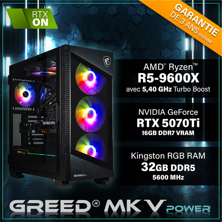 MK5 Power - PC Gamer - AMD Ryzen 5 9600X - Nvidia Geforce RTX 5070Ti (16 Go) - Ultra Bureau PC Gaming - 4K & Raytracing avec 32 GO RAM DDR5 - Watercool - 1 TO SSD - Ordinateur avec WiFi + Windows 11 Pro - Neuf