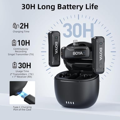 Sistema di microfono wireless BOYA BY-WM3T-D2 per iOS (Lightning) con doppio trasmettitore e raggio di azione di 100m