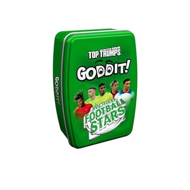 Juego de cartas puzzle Winning Moves GODDIT! Estrellas del fútbol mundial 55 desafíos 1 a 6 jugadores a partir de 6 años Caja de metal verde