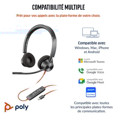 Poly Micro-casque Blackwire 3320 stéréo USB-C + adaptateur USB-C/A