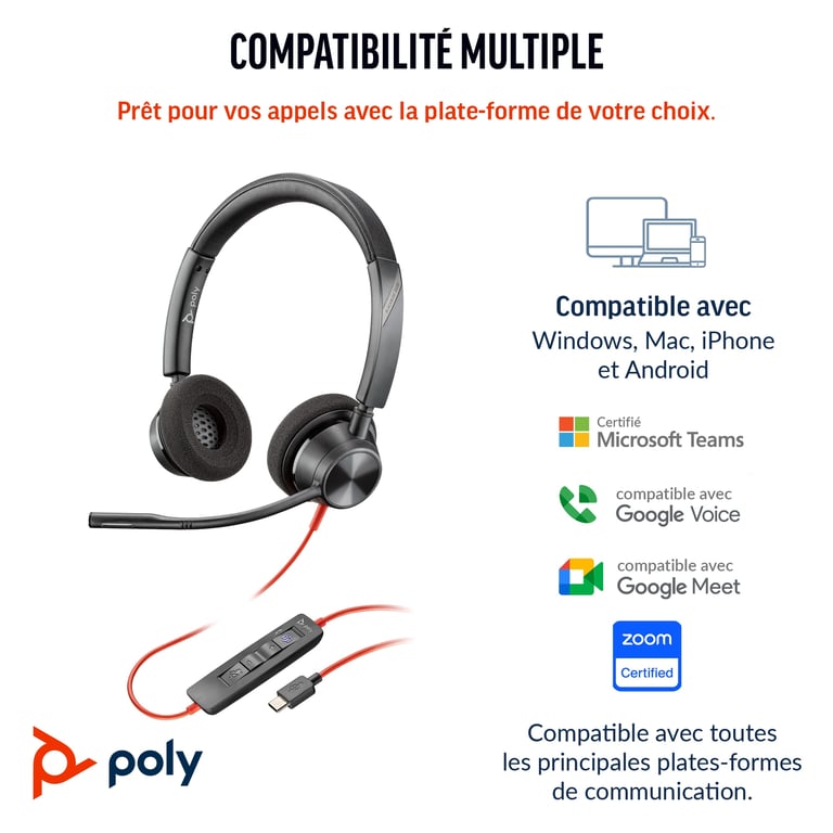 POLY Micro casque Blackwire 3320 stéréo USB C + adaptateur USB CA Neuf