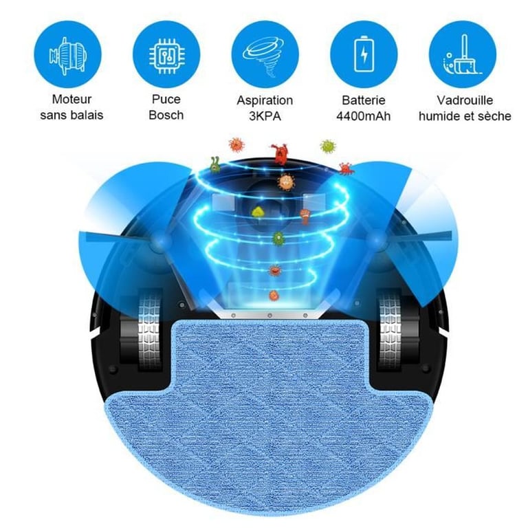 Liectroux Aspirateur robot M7S Pro 2-en-1 aspiration 3000 Pa 4400 mAh brosse + serpillères navigation cartographique application WiFi 2,4 GHz Noir - vue 4