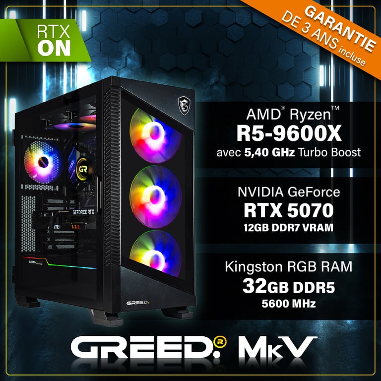 GREED MK5 Gaming PC / Ordinateur AMD Ryzen 5 Nvidia Geforce RTX 5070 12 Go RAM DDR5 Watercool SSD PC Gamer avec WiFi + Windows 11 Pro Neuf - vue 2