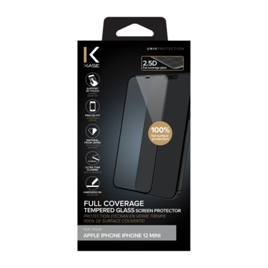 Protection d'écran en verre trempé (100% de surface couverte) pour Apple iPhone 12 mini, Noir