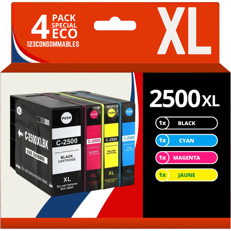 123CONSOMMABLES PGI 2500XL Pack 4 Cartouche encre Compatible pour Canon PGL 2500 PGI 2500XL PGL2500XL pour Canon Maxify MB5150 MB5450 MB5050 MB5350 MB5050 MB5155 1 / 1 Cyan / 1 / 1 Jaune Neuf