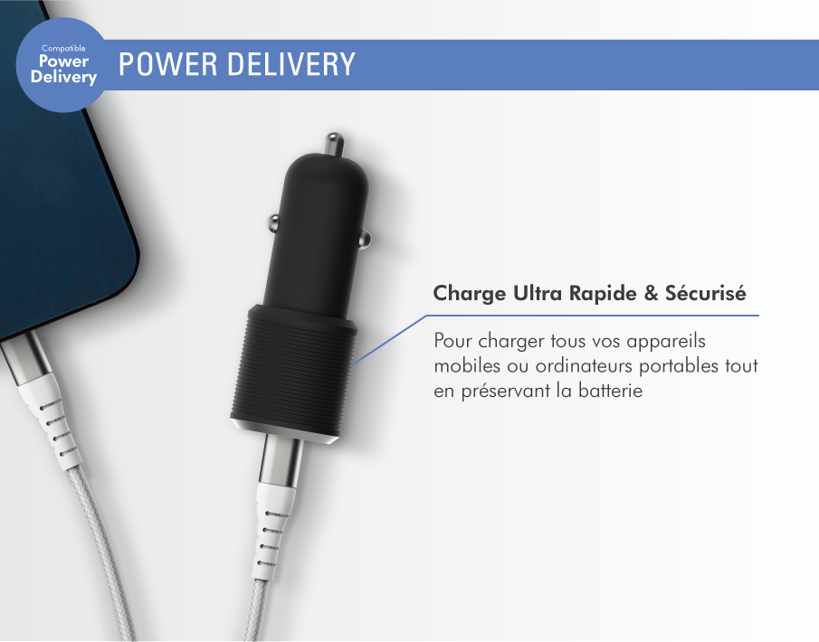 Double Chargeur voiture USB A+C 37W (12+25W) Power Delivery Garanti à vie Noir Force Power Lite