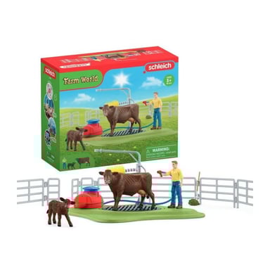Stazione di lavaggio per mucche, set di gioco con 1 statuetta di mucca, 1 vitello e 1 statuetta umana - SCHLEICH 42529 FARM WORLD