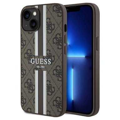 Custodia Guess per iPhone 15 6,1'' marrone Custodia rigida 4G a strisce stampate MagSafe