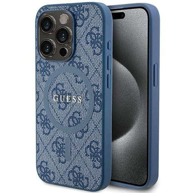 Custodia Guess per iPhone 14 Pro 6.1'' blu Custodia rigida 4G Collection in pelle Logo in metallo MagSafe