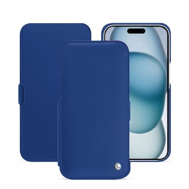 Housse cuir Apple iPhone 15 - Rabat horizontal - Bleu - Cuir lisse