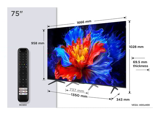 TCL P8K 75P8K Televisor 190,5 cm (75'') 4K Ultra HD Smart TV Wifi Metálico 350 cd / m²