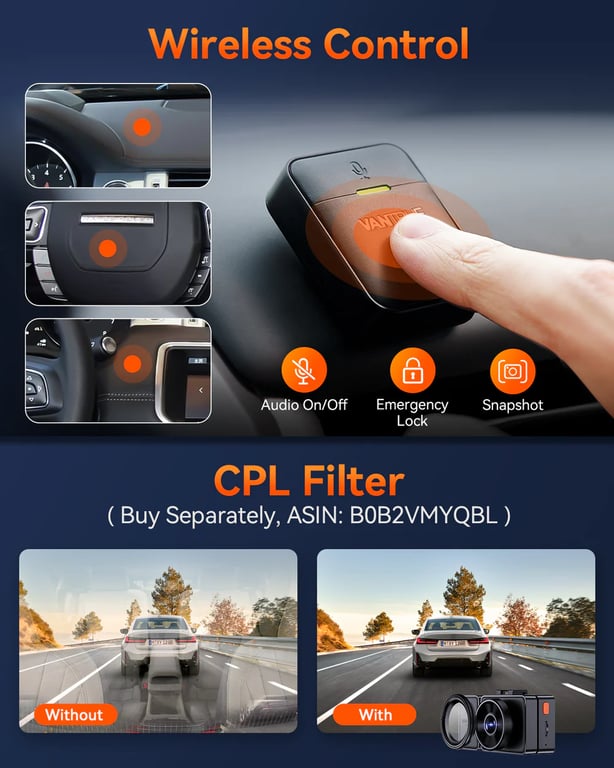 Vantrue E3 Dashcam 3 canaux 2.7K avec WiFi GPS Bluetooth SOS et vision nocturne Neuf - vue 2