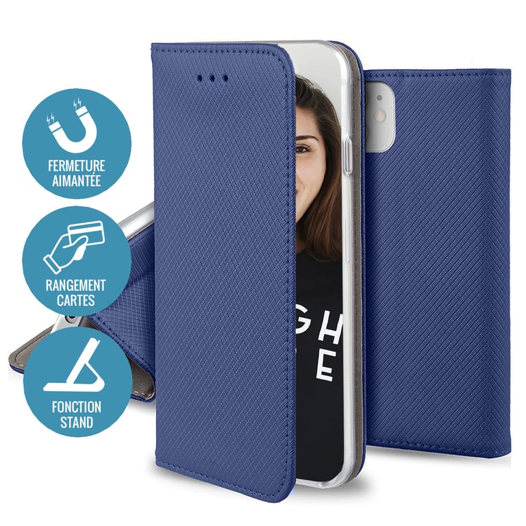 JAYM - Etui Folio bleu pour Samsung S23 FE -Fermeture Magnetique - Fonction cinéma Stand - Rangement cartes inclus