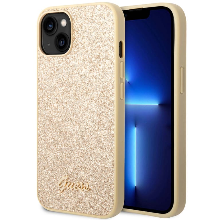 Guess Glitter Flakes Metal Logo Coque iPhone 14 Or 3666339065089