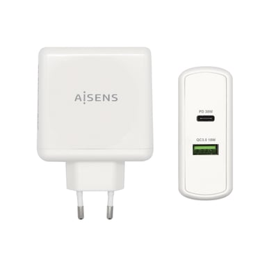 AISENS ASCH-2PD30QC-W chargeur d'appareils mobiles GPS, Manettes de jeu, MP3, MP4, Téléphone portable, Ordinateur portable, Smartphone, Tablette Blanc Secteur Charge rapide Intérieure