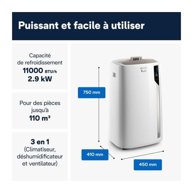 Climatiseur mobile - DELONGHI - PAC EL110 WIFI - 2900 W - 11 000 Btu/h - 3 vitesses - Ventilateur / déshumidificateur