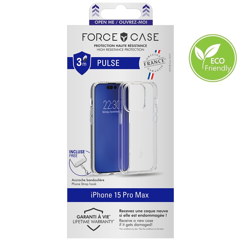 Coque Renforcée iPhone 15 Pro PULSE Origine France Garantie Garantie à vie Transparente - FR Force Case